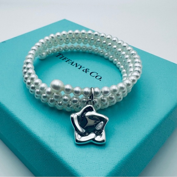 Tiffany & Co. Peretti Multi Row Star Charm Pearl Wrap Bracelet Silver Packaging - Picture 4 of 10